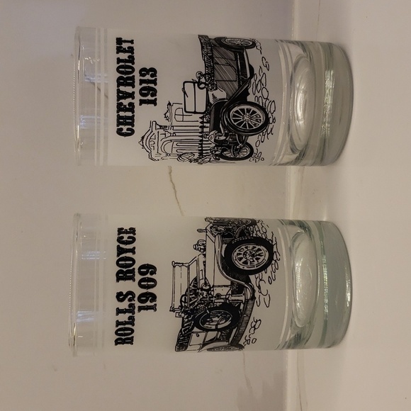 Vintage Set of 2 Frosted Glasses Tumblers Chevrolet 1913 and Rolls Royce 3"x 5.5 - Picture 1 of 4